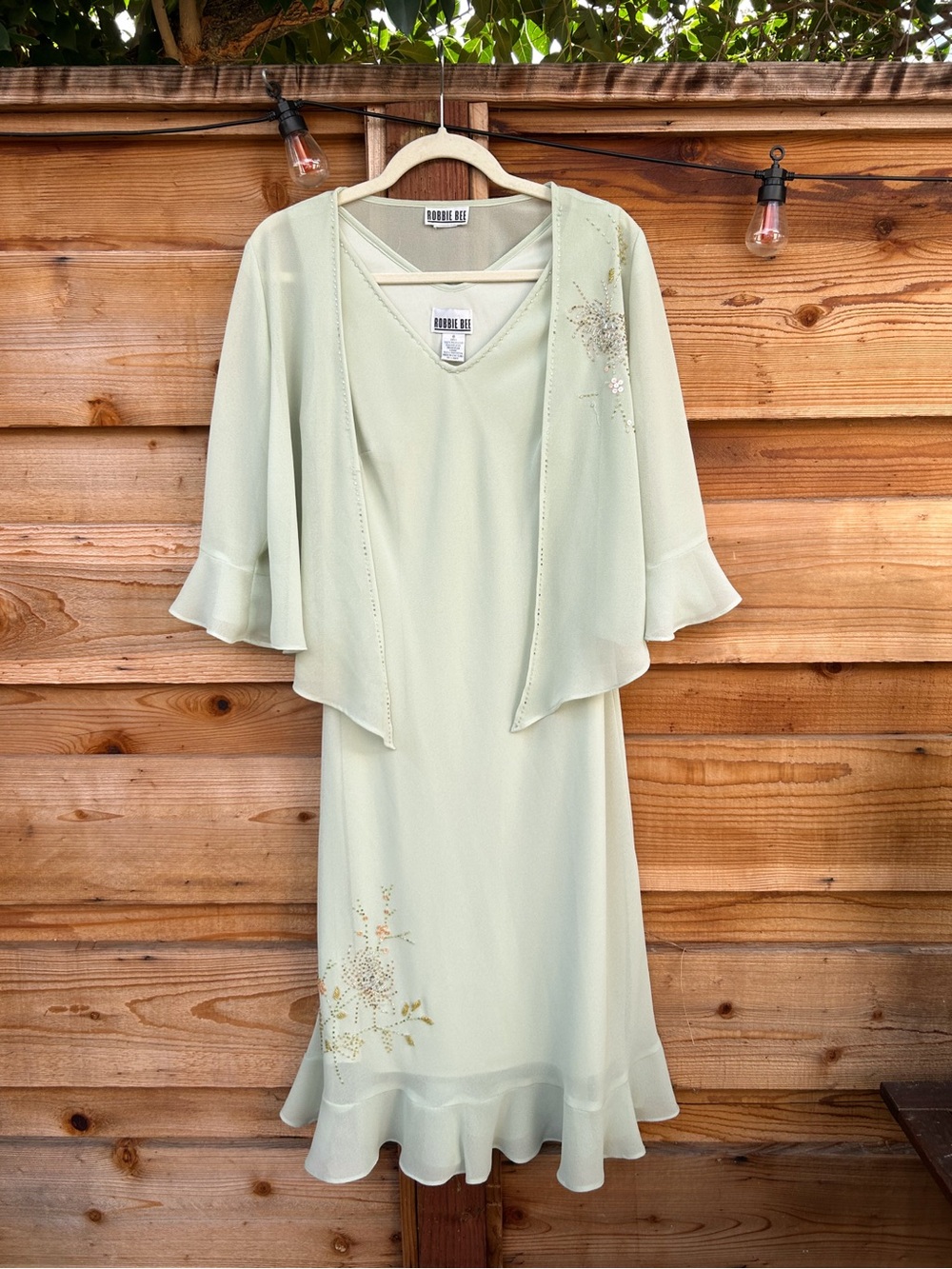 Vintage 90s Robbie Bee Sage Green 2 Piece Bolero Midi Dress Beaded Set Size 6